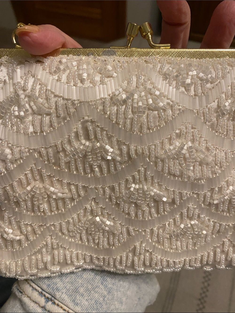 Ivory Beaded Evening Clutch with Gold Chain - Picture 4 of 5